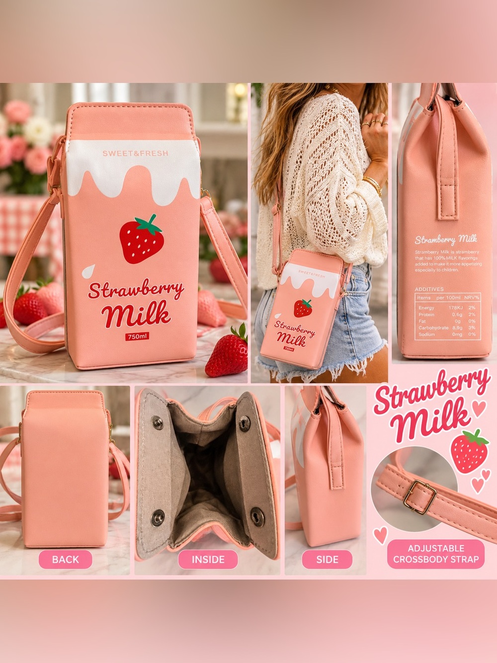 🍓 Strawberry Milk Carton Novelty Crossbody Bag – Pink Kawaii Y2K